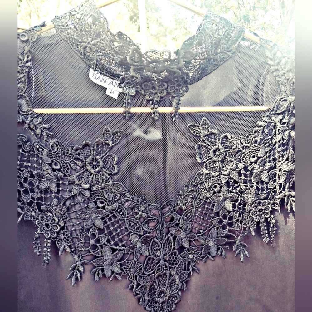 Silky Black Blouse with Lace by Sanya Ratay for San Andre, size 8.